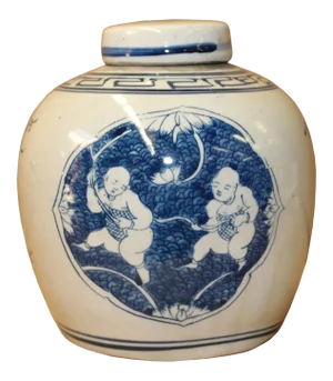 Chinese Blue White Ceramic Double Kids Graphic Ginger Jar
