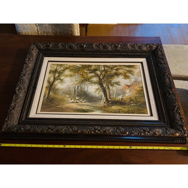 Warren Clarke Original 1989 Oil Painting Woodland Sheep Landscape in Ornate Frame For Sale - Image 10 of 14