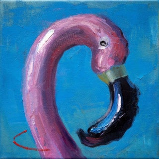 Inflatable Flamingo II by Andreas Claussen | Oil on canvas Pink flamingo against a blue background For Sale