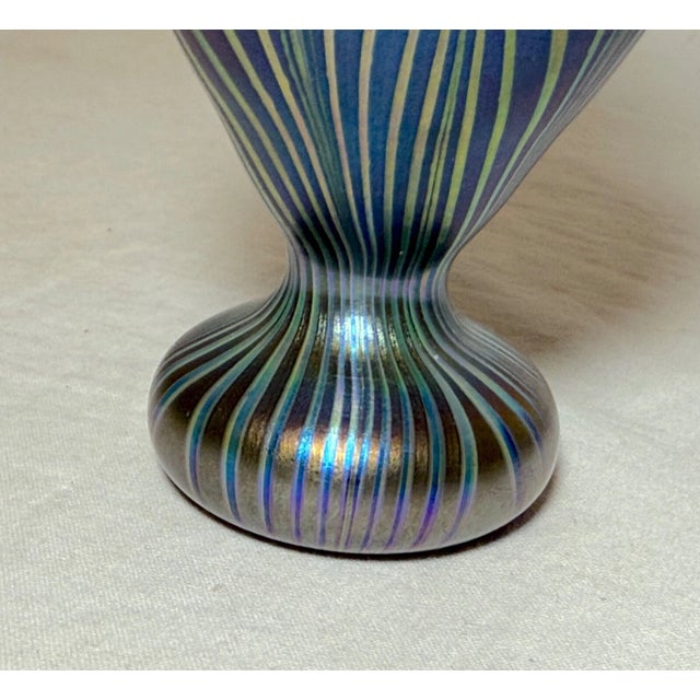 Glass Vintage Miniature Hand Blown Pulled Feather Blue Iridescent Studio Glass Vase For Sale - Image 7 of 10