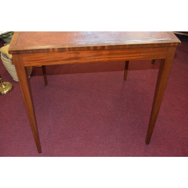 Auburn Vintage English Tan / Gold Leather Topped Square Wooden Game or Card Table For Sale - Image 8 of 18
