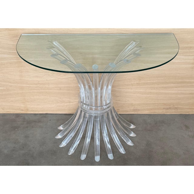 Mid 20th Century Demilune Console Table with Pedestal Lucite Base and Clear top Glass For Sale - Image 18 of 18