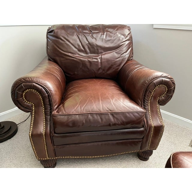 Whittimore Sherrill Leather Club Chair with matching ottoman. Bayou Walnut color. Premium leather, deep comfortable...