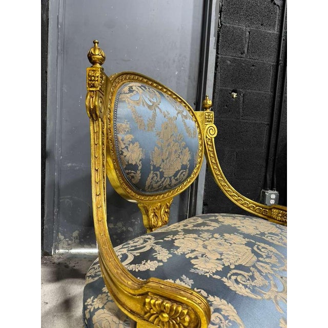 French Louis XV Blue Accent Chair With Gold Leaf For Sale - Image 4 of 12