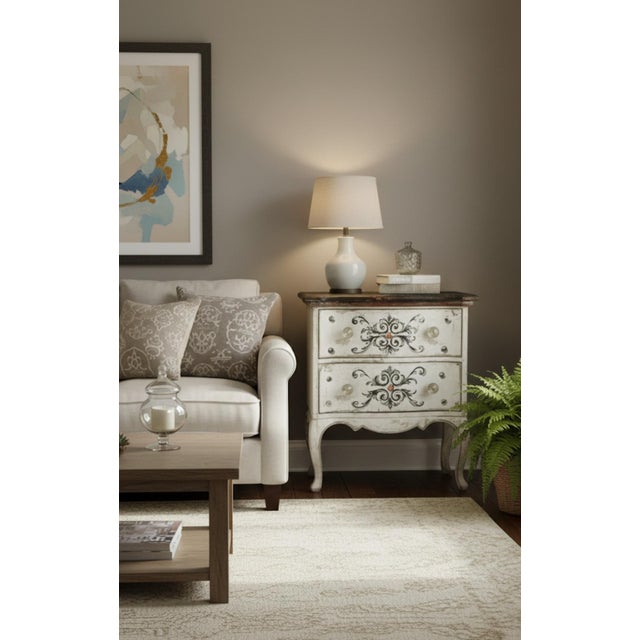 Wood Vintage French Provincial Style Distressed Hand-Painted Two-Drawer Bombe Commode For Sale - Image 7 of 7