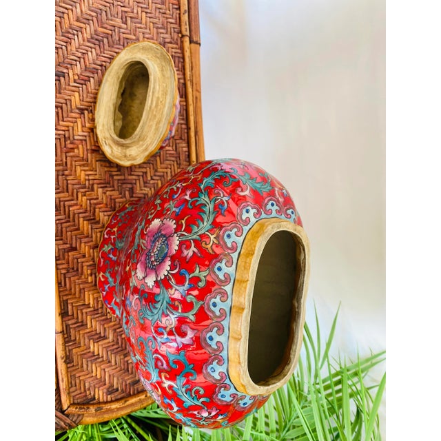 Vintage Chinese Famille-Rose Jar Arabesque on Red Featuring Lotus Flowers For Sale - Image 12 of 12