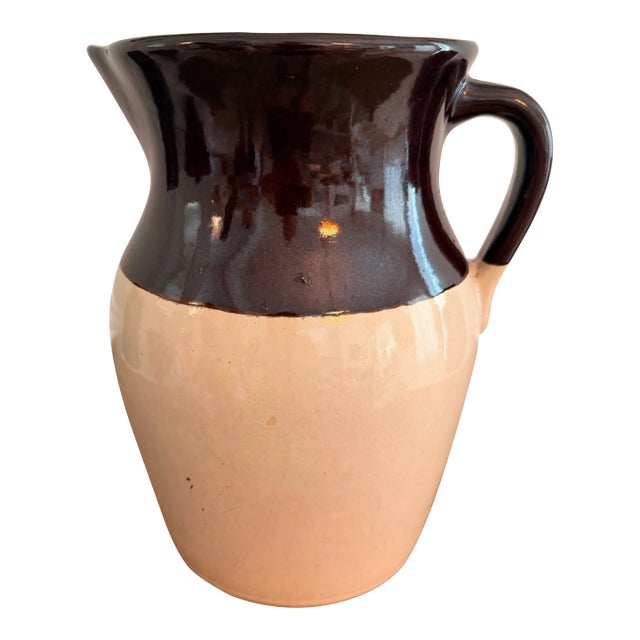 Vintage Two-Tone Stoneware Farmhouse Pitcher / Rustic Pottery Jug For Sale