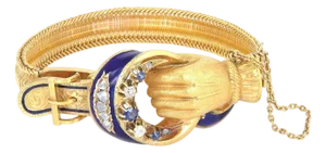 Hand Belt Buckle Rose Cut Diamond Sapphire 21k Gold Enamel Bracelet