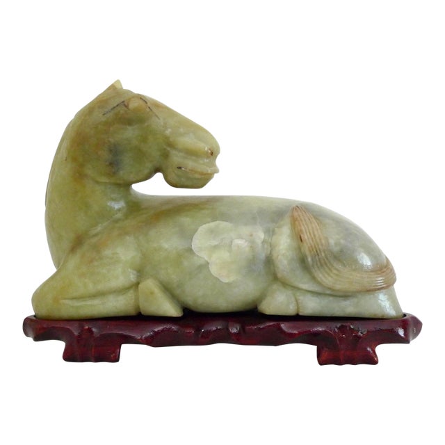 19th Century Chinese Jade Carving Recumbent Horse & Carved Wood Stand For Sale