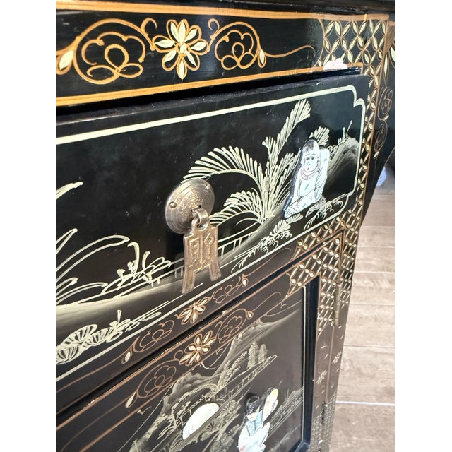 Wood Vintage Chinese Lacquer Cabinet Sideboard W/ Raised Hardstone Mother of Pearl Figural Inlay For Sale - Image 7 of 8