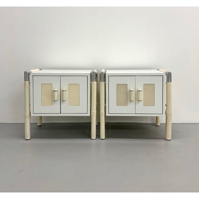 Vintage Postmodern Faux Bamboo & Cane Bedside Tables – Pair For Sale - Image 4 of 6