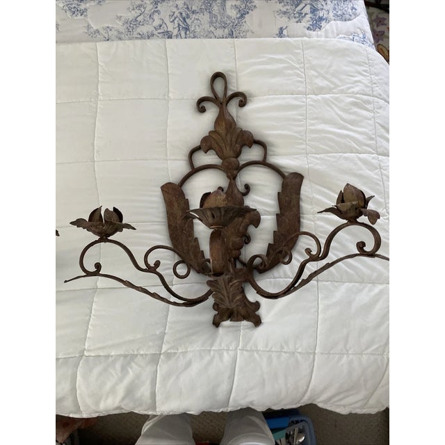 Large 19thc French Louis XVI Manor Style Dark Patinated Iron 3 Light Candle Sconces a - Pair For Sale - Image 12 of 17