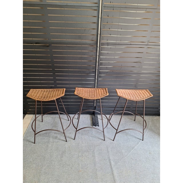 1950s 1950s Set of 3 Arthur Umanoff Style MCM Iron and Wicker Counter Barstools For Sale - Image 5 of 6