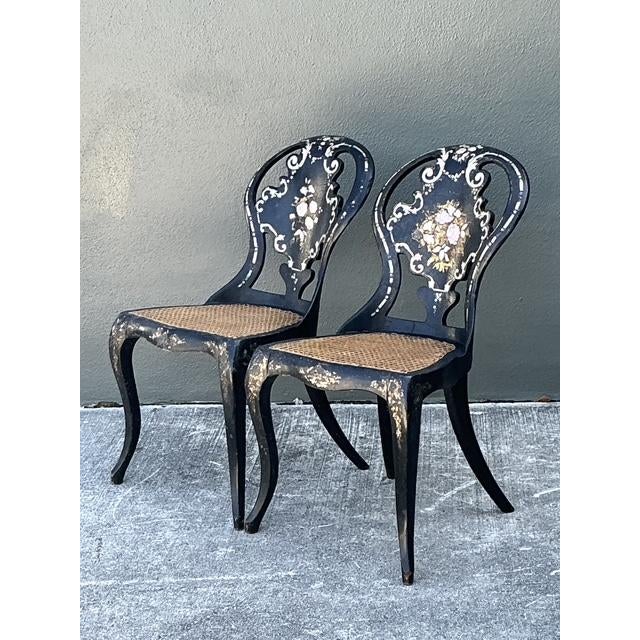 Victorian Vintage Papier Mache Cane Chairs - A Pair For Sale - Image 3 of 11