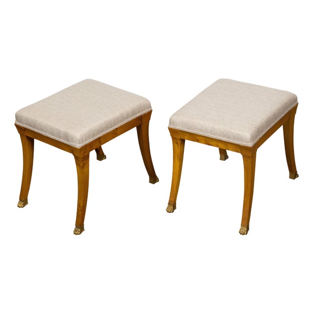 Pair of Biedermeier Period 19th Century Walnut Stools with Carved Gilt Lion Paws For Sale