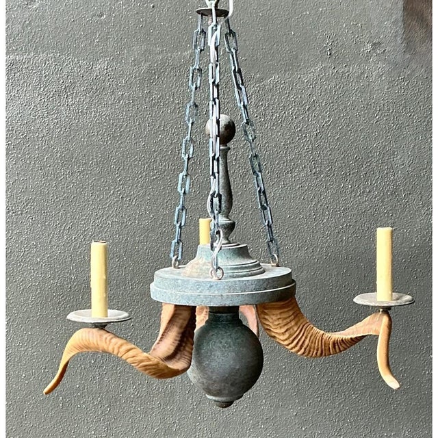 Contemporary Vintage Horn Motif Metal Hanging Light For Sale - Image 3 of 12