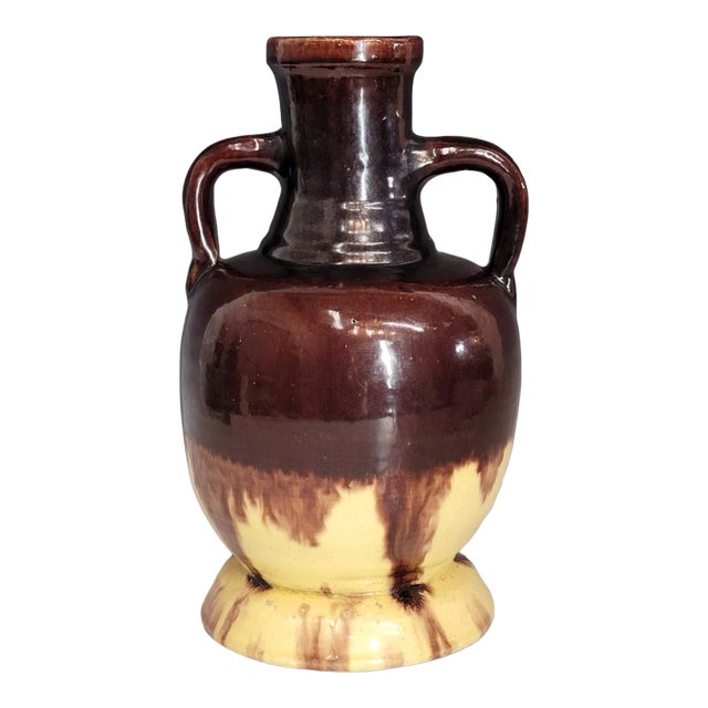 Vintage Double Handled Brown Drip Glaze Amphora Vase/Jug For Sale