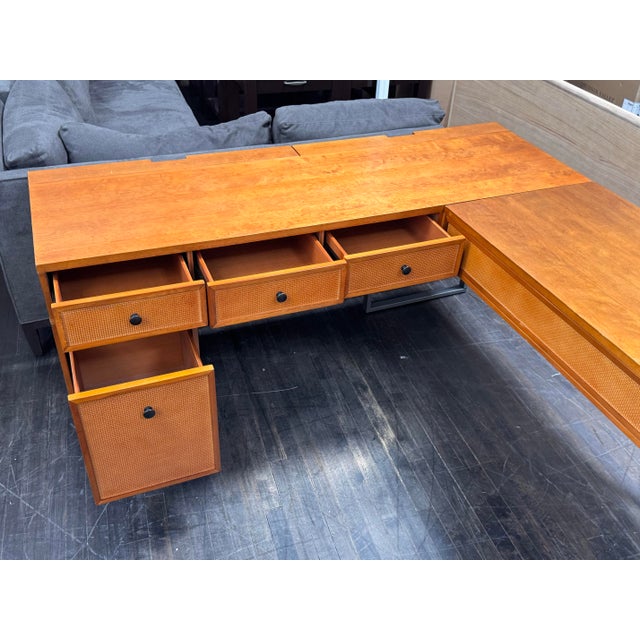 Wood Inbox Zero Furniture Nusaiba L-Shaped Lift-Top Cane Executive Desk For Sale - Image 7 of 12