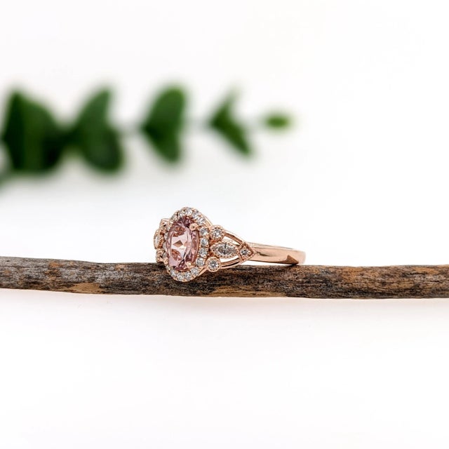 Traditional Pink Morganite W Natural Diamond Accents in Solid 14k Rose Gold Oval Size 6.75 For Sale - Image 3 of 6