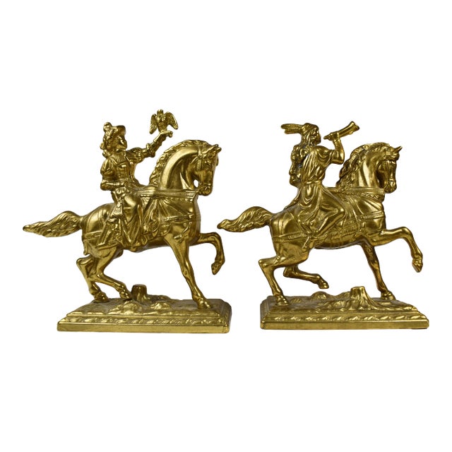 Mid-Century Gold Brass Horsemen From Renaissance Era Bookends - a Pair For Sale