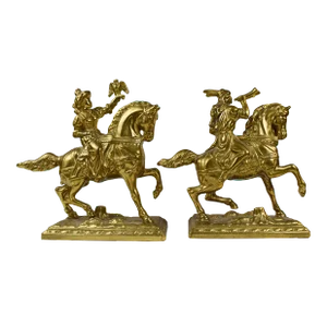 Mid-Century Gold Brass Horsemen From Renaissance Era Bookends - a Pair