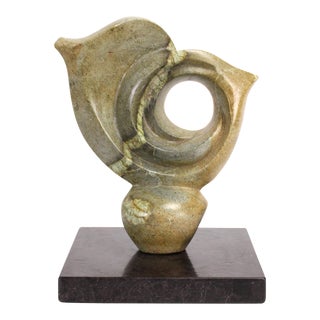 Vintage Abstract Shona Green Marble Pierce Carved Sculpture For Sale