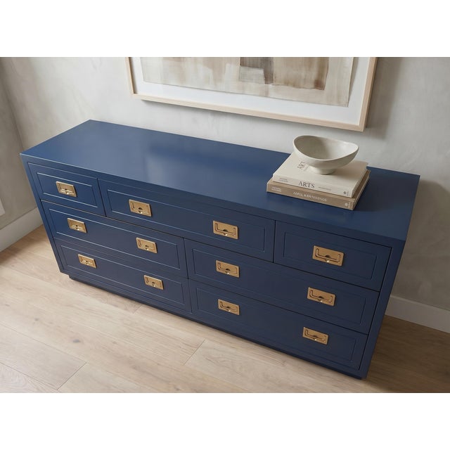 1960s Vintage Henredon Campaign Dresser Credenza in Navy With Brass Hardware For Sale - Image 5 of 9