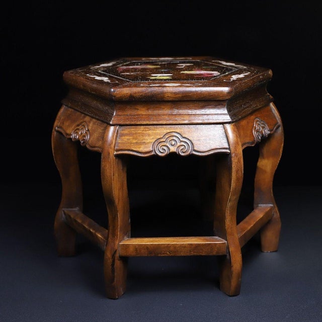Vintage Chinese Huali Rosewood Mother-of-Pearl Inlaid "Fish & Lotus" Hexagonal Stool For Sale In Los Angeles - Image 6 of 10