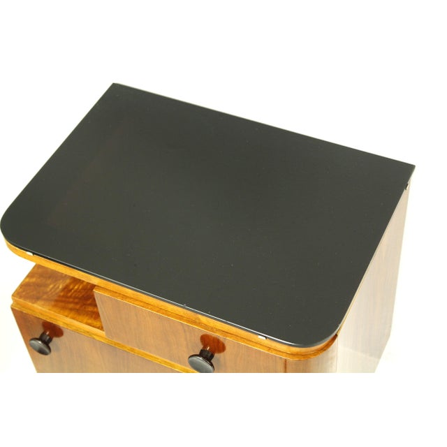 Black Mid-Century Nightstands with Walnut Veneer and Black Opal Glass Tops, 1960s, Set of 2 For Sale - Image 8 of 17