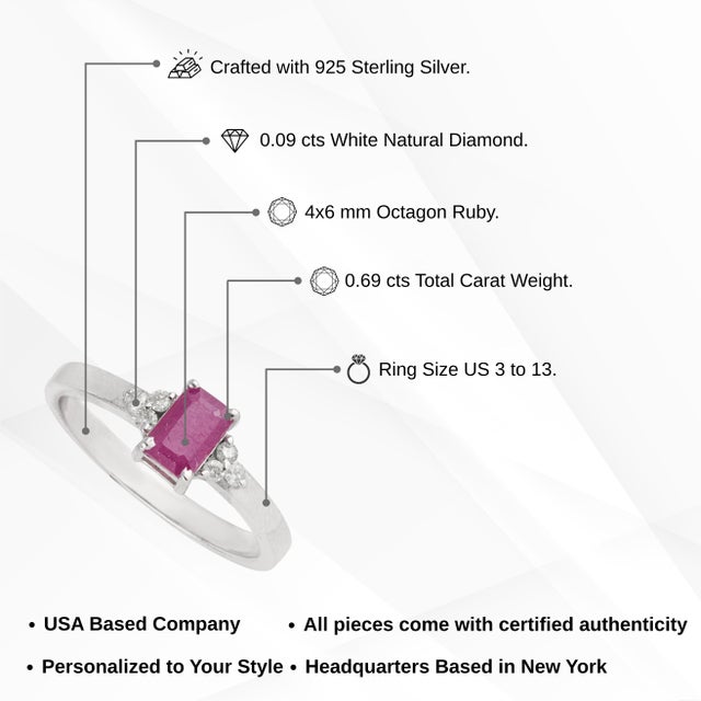 Modernist Octagon 0.69 Ct Natural Ruby Ring With Diamond Trinity Cluster in Solid Silver Size 8 For Sale - Image 12 of 15