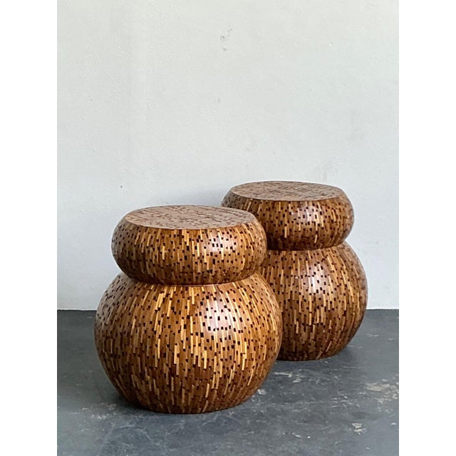 Vintage Wood Mosaic Low Stools - A Pair For Sale - Image 16 of 18