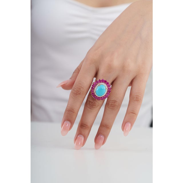 Turquoise 14k Yellow Gold 9.35ct Cabochon Turquoise Ruby & Diamond Halo Cocktail Ring Size 5.5 For Sale - Image 8 of 18
