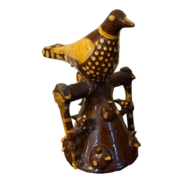 Antique 19th Century English Folk Art Staffordshire Redware Slip Decorated Bird Whistle, Circa 1820 For Sale