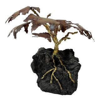 1974 Copper Leaf Tree Sculpture Rooted on a Lava Rock Base by Ron Kauffman For Sale