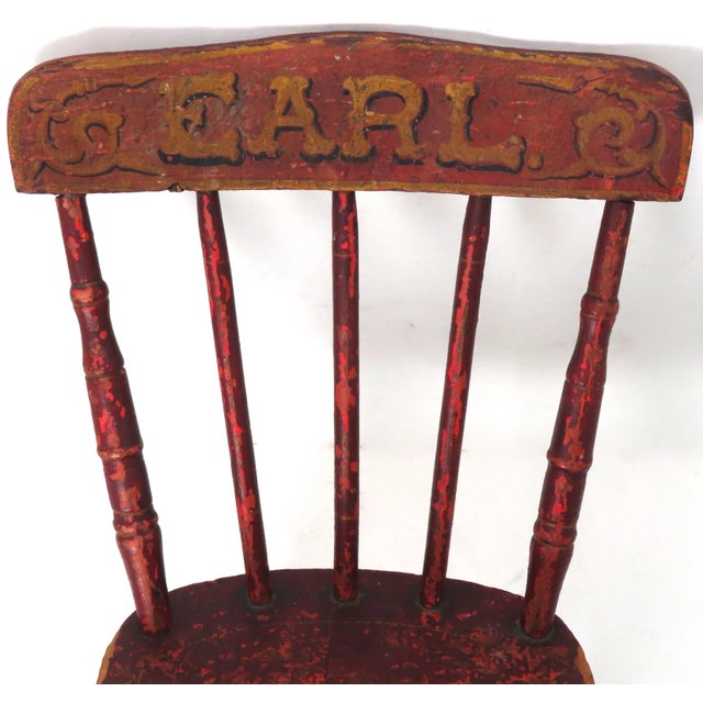 American Cute Mid 1800s Antique American Small Childs Chair for Earl - Nice Original Red Hand Painted Features For Sale - Image 3 of 13