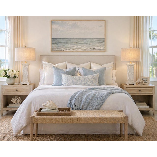 1970s Coastal Breeze Limewashed Column Table Lamps — 16” Linen Drum Shades, Brass Finials - a Pair For Sale - Image 4 of 8