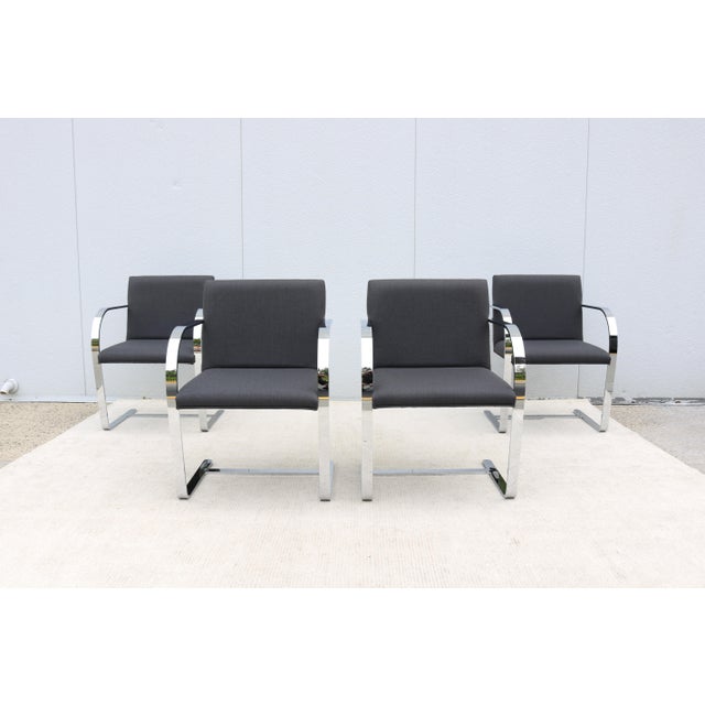 Fabulous set of 4 Brno flat bar chairs in high-quality slate gray wool blend upholstery. An icon of Modernist classic...