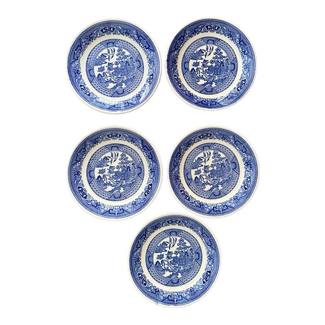 Vintage Blue Willow Saucers 6.125 Inch Blue and White Transferware - Set of 5 For Sale