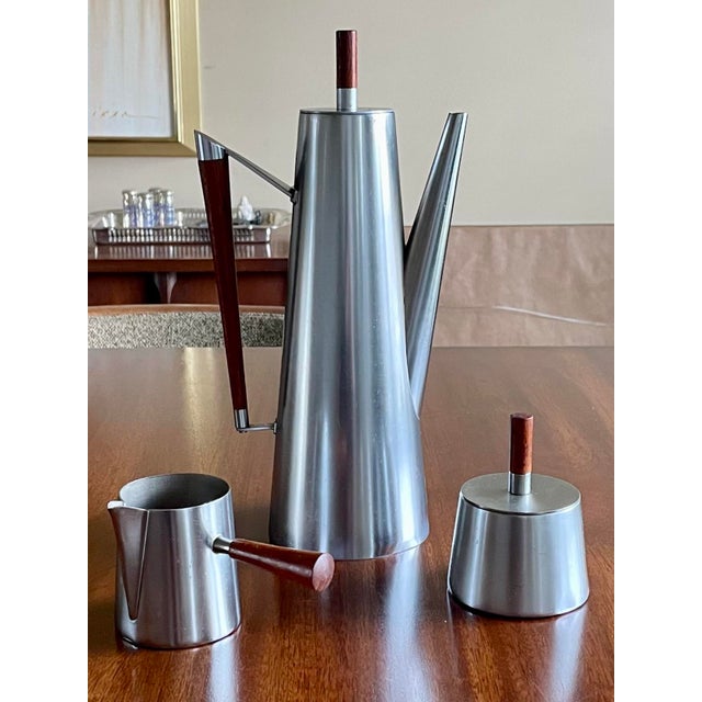 Mid-Century Modern Italian Mid-Century Modern Stainless Steel & Teak Coffee Tea Service - 3pc. Set For Sale - Image 3 of 10