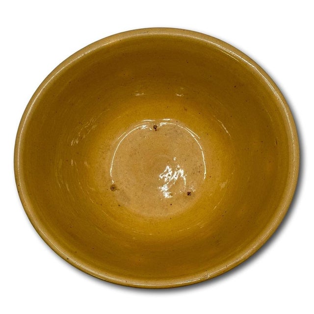 Antique Thick Yellow Ware 12 Inch Kitchen Mixing Bowl With Unusual 2 Color Blue Banded Decoration - Late 1800s. For Sale - Image 16 of 18