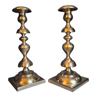 Antique Fraget Warsaw Shabbat Candlesticks Pair No. 4214 Polish Silver Plate 11" For Sale