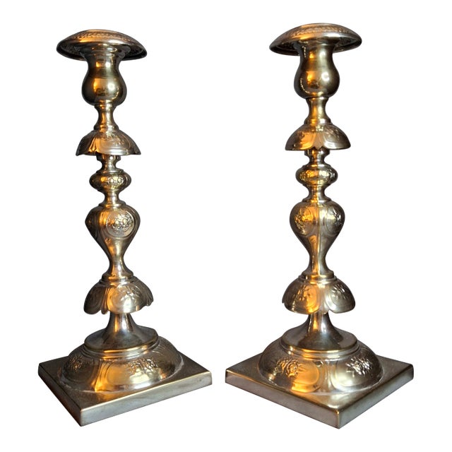 Antique Fraget Warsaw Shabbat Candlesticks Pair No. 4214 Polish Silver Plate 11" For Sale