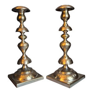 Antique Fraget Warsaw Shabbat Candlesticks Pair No. 4214 Polish Silver Plate 11"