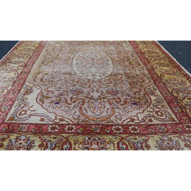 Antique Turkish Silk Hereke Rug With Floral Medallion Design and Ivory Field For Sale - Image 9 of 14