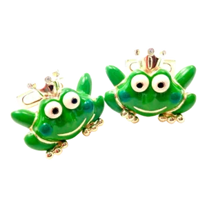 Aaron Basha 18k Yellow Gold Diamond Enamel Frog Prince Cufflinks - A Pair