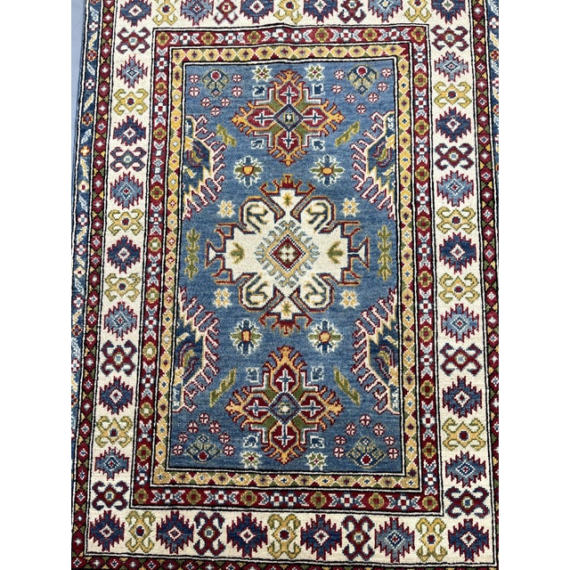 2000 - 2009 Blue Kazak Wool Rug With Three Medallions and Ivory Border, 3'4" X 4'10" For Sale - Image 5 of 14