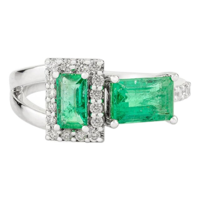14k Gold Vintage Style Emerald Two Stone Ring With Diamonds Size 6 For Sale