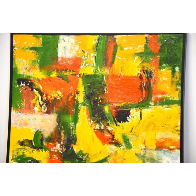 A mid century modern yellow, red, and green abstract oil on canvas painting signed Monus. 43” wide. 2” deep. 54.75” tall.