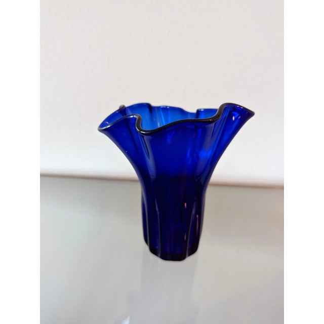 Contemporary Cobalt Blue Handblown Handkerchief Napkin Glass Vase For Sale - Image 3 of 5