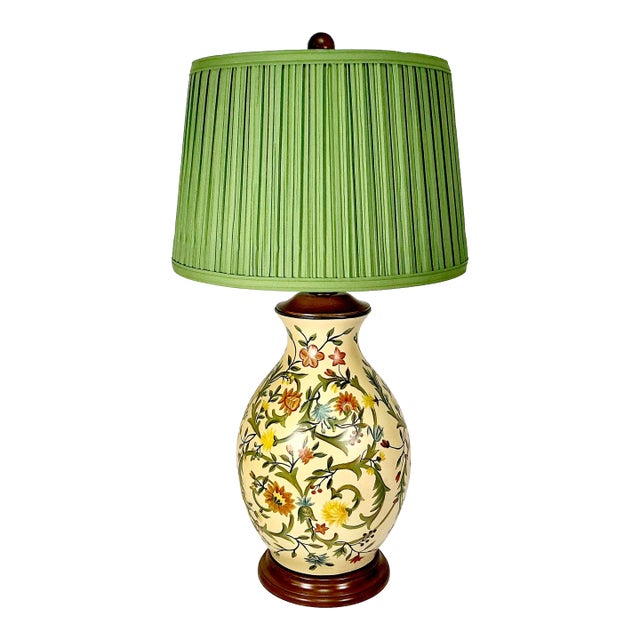 1980s Boho Chic Rustic European Italian Tuscany Style Ceramic Handpainted Flora Table Lamp With New Shade For Sale
